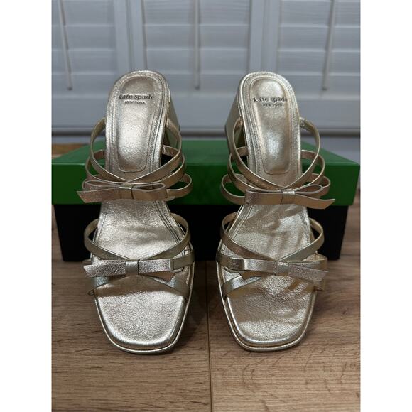 Kate Spade Carolina Block Heel Sandal Metallic Nappa Pale Gold 6.5 Lightly Worn - Picture 6 of 16